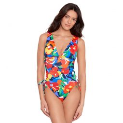 Lauren Ralph Lauren Bold Floral Shirred Plunge One Piece Swimsuit