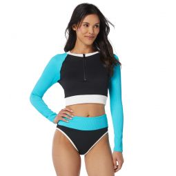 Beach House Womens Color Block Ribbed Nadi Top Long Sleeve Front Zip Swim Top