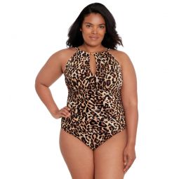 Lauren Ralph Lauren Womens Plus Size Leopard High Neck One Piece Swimsuit