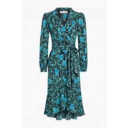 Carla ruffled printed crepe midi wrap dress
