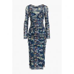 Corinne ruched floral-print mesh midi dress