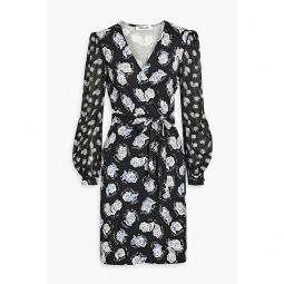 Gala chiffon-paneled printed cady mini wrap dress