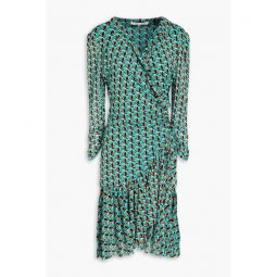 Paloma ruffled printed stretch-mesh mini wrap dress