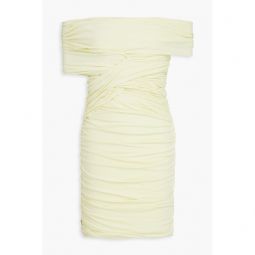 Off-the-shoulder ruched stretch-velvet mini dress