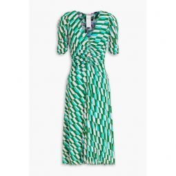 Ruched printed stretch-mesh dress