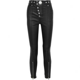 Snap-detailed leather and denim skinny pants