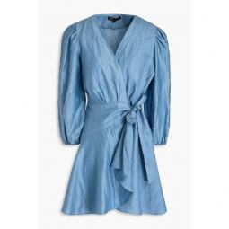 Draped linen-blend mini wrap dress