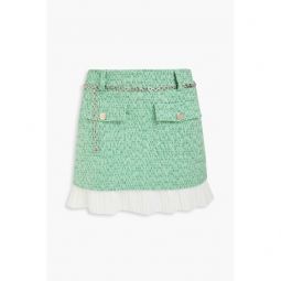 Belted satin-trimmed cotton-blend tweed mini skirt