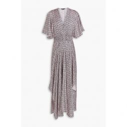 Shirred printed satin maxi dress