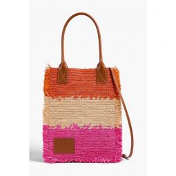 Leather-trimmed fringed color-block straw tote