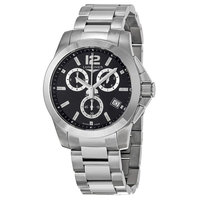 Men's Conquest Chronograph Stainless Steel Black Dial Watch