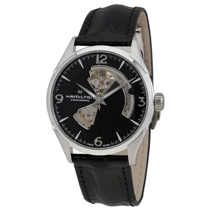 Mens Jazzmaster Open Heart Leather Black Dial