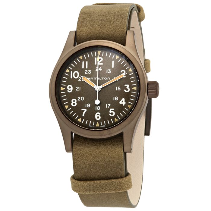 Mens Khaki Field Mechanical Cow leather Green Dial