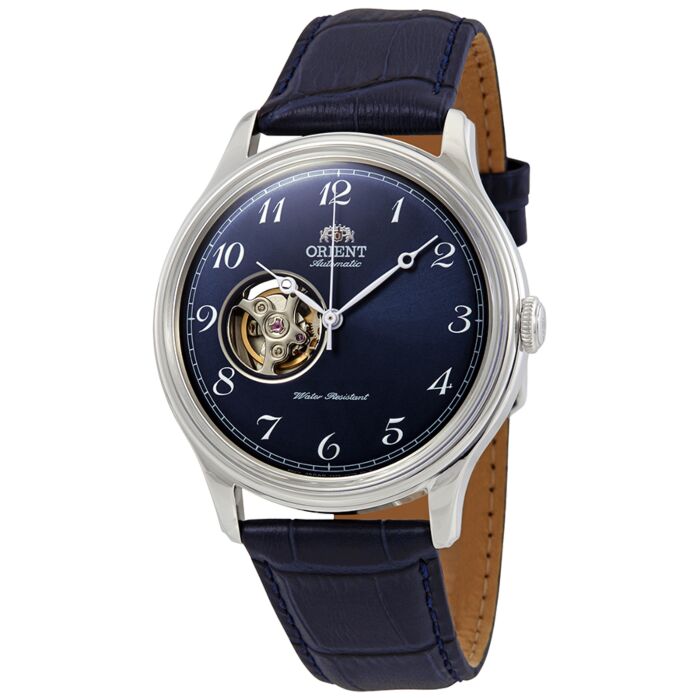 Mens Open Heart Leather Blue Dial