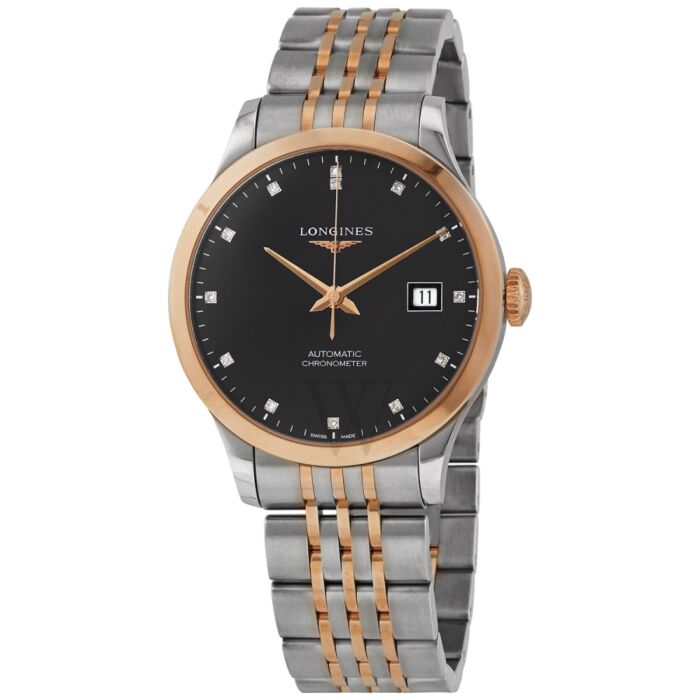 Men's Record Stainless Steel with 18kt Rose Gold (Cap) Black Dial Watch