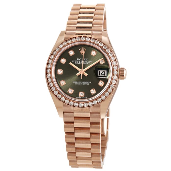 Women's Lady-Datejust 18k Everose Gold Rolex President Green Dial Watch