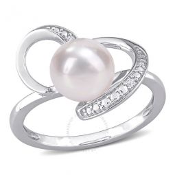 8-8.5mm Freshwater Cultured Pearl and Diamond Accent Heart Ring In Sterling Silver