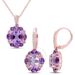 2-pc Set Of 9 1/5 CT TGW Amethyst, White Topaz, Rose De France Floral Pendant with Chain and Earrings Set In Rose Plated Sterling Silver