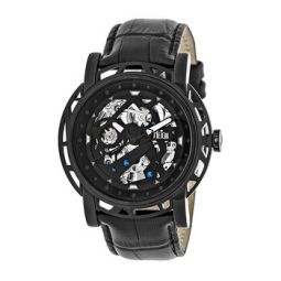 Stavros Black Skeleton Dial Black Leather Mens Watch
