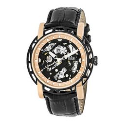 Stavros Black Skeleton Dial Black Leather Mens Watch