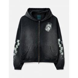 Checkerboard Vintage Printing Brush Washed Zipped Hoodie