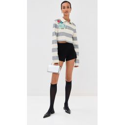 Embroidered Flower Rugby Stripe Long Sleeve Cropped Polo