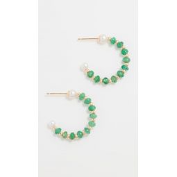 14k Small Emerald Pearl Bead Hoop Earrings