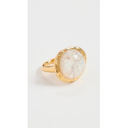 Gold Button White Opal Adjustable Ring