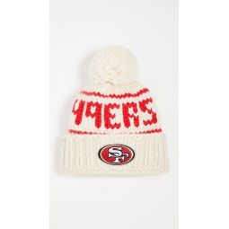 White 49ers Beanie with Yarn Pom Pom