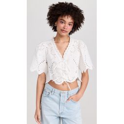 Puff Sleeve Eyelet Top With Front Ties