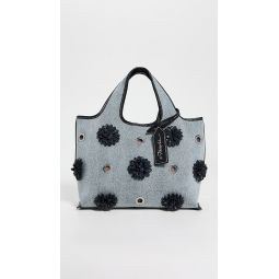 Denim Mini Market Tote with Leather Flowers