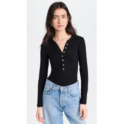 Button Up Ribbed Henley Thong Bodysuit