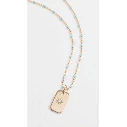 14k Gold Star Set Diamond Small Flat Corner Dog Tag on Turquoise Blue Enamel Bar and Bead Chain Necklace