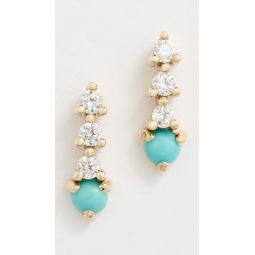 14k Gold Diamond Drop Tennis Earrings with Prong Set Turquoise