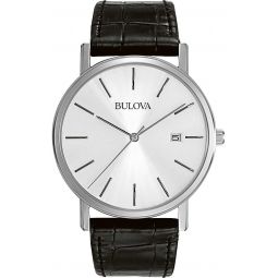 Bulova Meninchs Classic 3-Hand Calendar Date Quartz Leather Strap Watch, Buckle, 37mm
