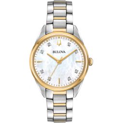 Bulova Ladies' Sutton Two-Tone Stainless Steel 3-Hand Quartz, White Mother-of-Pearl Dial, Sapphire Crystal, Diamond Dial Style: 98P184