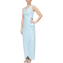 Womens Alex Evenings Slimming Long Side Ruched Dress with Cascade Ruffle Skirt