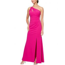 Womens Alex Evenings Long Crepe One Shoulder Dress with Embellished Strap Detail