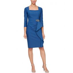 Womens Alex Evenings Short Compression Dress with 3/4 Sleeves and Hip Embellishment