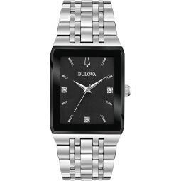 Bulova Men's Modern Quadra Stainless Steel 3-Hand Quartz Watch, Diamond Dial