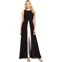 Womens Adrianna Papell Sleeveless Stretch Crepe Jumpsuit with Chiffon Overlay