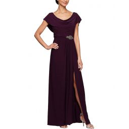 Womens Alex Evenings Long Cowl Neck A-Line Dress with Beaded Detail at Waist