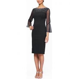Womens Alex Evenings Short Sheath Dress with Embellished Illusion Neckline
