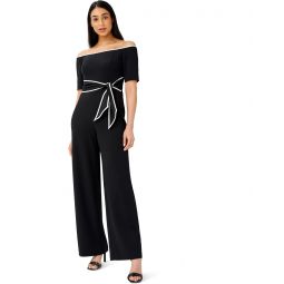Womens Adrianna Papell Off-the-Shoulder Knit Crepe Tie Waist Jumpsuit