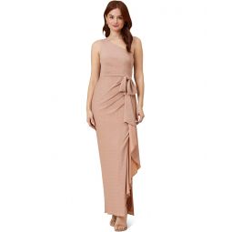 Womens Adrianna Papell Long Stretch Metallic Knit One Shoulder Cascade Side Draped Gown