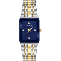 Bulova Ladiesinch Modern Quadra Two-Tone Stainless Steel 3-Hand Quartz Watch, Blue Dial with Diamond Markers Style: 98P177