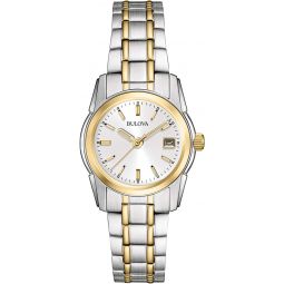 Bulova Ladiesinch Classic Two-Tone Stainless Steel 3-Hand Calendar Date Quartz Watch, Silver-White Dial (Style: 98M105)