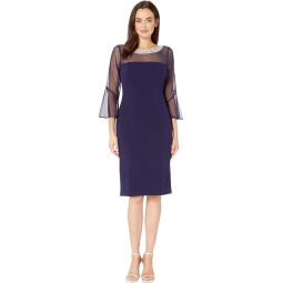 Womens Alex Evenings Short Shift Dress with Beaded Illusion Neckline and Bell Sleeves