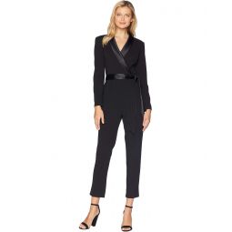 Womens Adrianna Papell Knit Crepe Wrap Top Jumpsuit with Long Sleeves, Slim Pants, and Stretch Charmeuse Collar