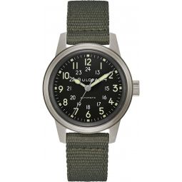 Bulova Men's Military Heritage Hack Veteran's Watchmaking Initiative Watch in Stainless Steel with 3-Hand Automatic, Black NATO Leather Strap Style: 96A259